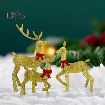 Рождественский светодиодный светильник в виде оленя, металлический стоячий красный бант, украшение в виде семьи оленей, 3D-светящийся олень, олененок, животное, декор для дома и улицы A