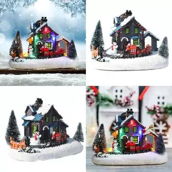 Рождественский светящийся дом Зимняя сцена Модель Настольный орнамент Смола Рождественская Рождественская деревня LED Снег U7R3 White-1pcs