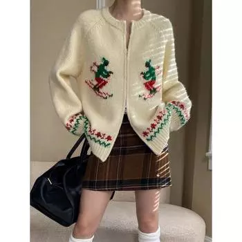 Рождественский свитер-кардиган Sinan Retro Fair Isle с рукавами реглан SN6890. One Size грязно-белый