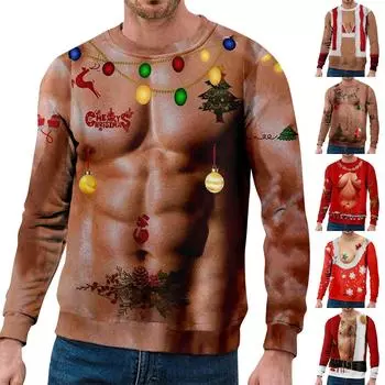 Рождественский свитер с длинным рукавом и 3D принтом на груди, креативное пальто для пары, осень-зима, вечерние пальто с круглым вырезом S винный