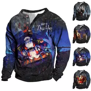 Рождественский свитер с v-образным вырезом, мужской воротник-стойка с 3D цифровой печатью, винтажный воротник с 3 пуговицами XXXL