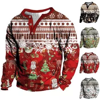 Рождественский свитер с v-образным вырезом, мужской воротник-стойка с 3D цифровой печатью, винтажный воротник с 3 пуговицами XXXL чёрный
