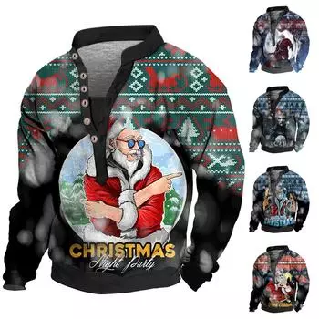 Рождественский свитер с v-образным вырезом, мужской воротник-стойка с 3D цифровой печатью, винтажный воротник с 6 пуговицами L красный