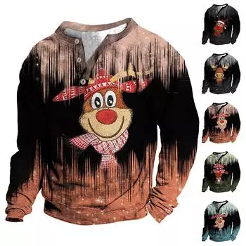 Рождественский свитер с v-образным вырезом, мужской воротник-стойка с 3D цифровой печатью, винтажный воротник с 3 пуговицами L чёрный