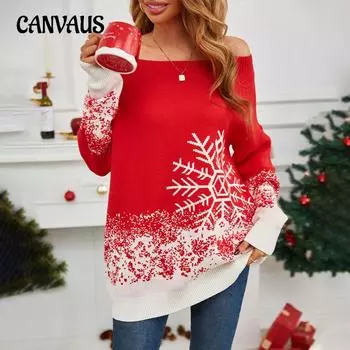 Рождественский свитер со снежинкой, женский осенне-зимний рождественский повседневный вязаный свитер с одним вырезом S красный