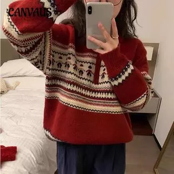 Рождественский свитер женский осенне-зимний с длинным рукавом и полумолнией, воротник поло, винтажный свободный пуловер, вязаный свитер One Size красный