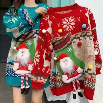 Рождественский свитер, зимние носки Санта-Клауса, висящие свободные корейские версии, студенческий утепленный свитер с длинными рукавами S зелёный