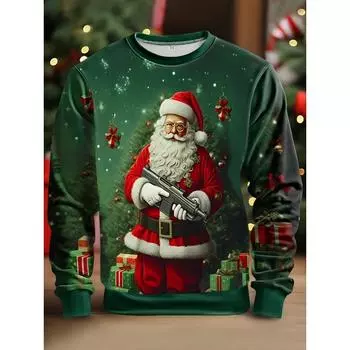 Рождественский свитшот для мужчин, стильный свитер с круглым вырезом, толстовки с капюшоном и принтом Санта-Клауса, топы с длинными рукавами, свободная мужская одежда S