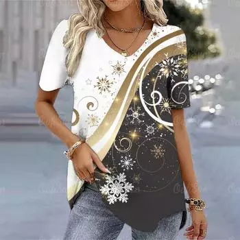 Рождественский тематический принт женские футболки с коротким рукавом футболки Happy Funny модная женская одежда V-образный вырез свободные пуловеры футболки S