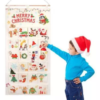 Рождественский тканевый адвент-календарь подвесная сумка большой емкости многоразовый рождественский календарь обратного отсчета с 24 карманами бежевый