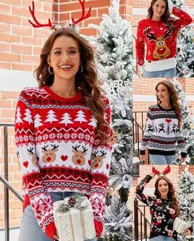 Рождественский трикотаж свитер женский осень зима O-образный вырез длинный рукав принтованный повседневный трикотажный пуловер топ S