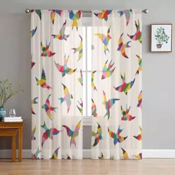 Рождественский Тюль с геометрическим рисунком птицы, оконная занавеска для гостиной, спальни, вуаль, прозрачные шторы, кухонные шторы, занавески 135W x 114H(cm)