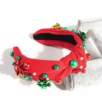 Рождественский узелковый ободок с бусинами, винтажный, красный, зеленый, праздничный ободок с бриллиантами и жемчугом, для женщин