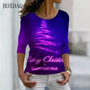Рождественский узор с елкой, женские 3D-футболки с длинным рукавом, в рождественском стиле, уличная мода, женские футболки, повседневные хлопковые топы, веселый год S