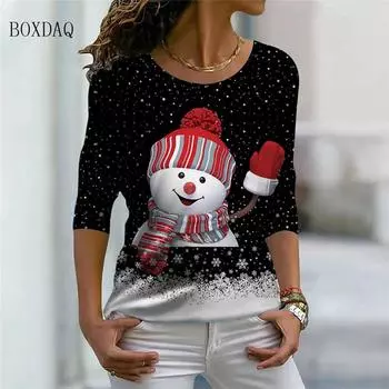 Рождественский узор снеговика женские футболки с рисунком с длинным рукавом 3D-принт Рождественская уличная женская футболка 6XL большой размер повседневные милые топы S