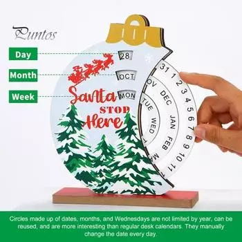 Рождественский вечный календарь, деревянный диск, вечный календарь, ручной вращающийся деревянный блок, настольный календарь для домашнего офиса Xmas Santa Claus