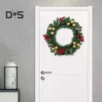 Рождественский венок диаметром 18 дюймов, венки ручной работы на входную дверь с золотыми шарами, ягодами, сосновыми шишками, венок из сосновых иголок для дома и улицы, праздничный венок для каминной доски 1pc