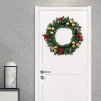 Рождественский венок диаметром 18 дюймов, венки ручной работы на входную дверь с золотыми шарами, ягодами, сосновыми шишками, венок из сосновых иголок для дома и улицы, праздничный венок для каминной доски 1pc