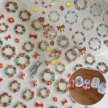 Рождественский венок для дизайна ногтей, рельефные наклейки в виде банта и звезды, самоклеящиеся наклейки для ногтей, слайдеры для украшения ногтей