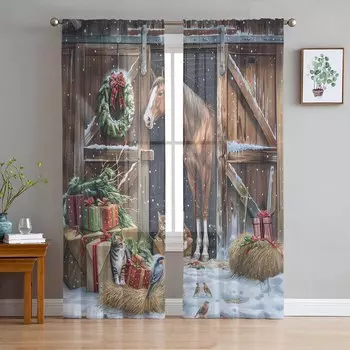 Рождественский венок для фермерского дома, занавески для гостиной, спальни, украшения дома, занавески из тюля и вуали на окна W135 x H114cm