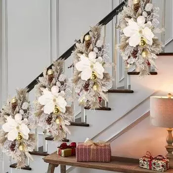 Рождественский венок для лестницы из белых цветов, матовые ветки, гирлянда для лестницы со светодиодными лампами, пластиковая рождественская лестница A