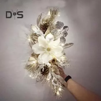 Рождественский венок для лестницы из белых цветов, матовые ветки, гирлянда для лестницы со светодиодными лампами, пластиковая рождественская гирлянда для лестницы для домашнего декора A