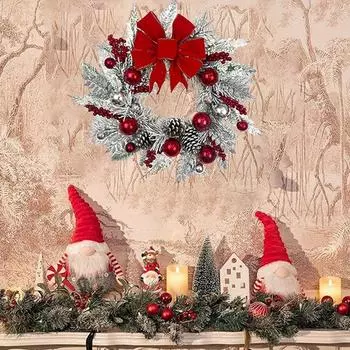 Рождественский венок для входной двери, 17,7-дюймовые подвесные новогодние украшения, венок из лент с шариками из сосновых ягод ручной работы, рождественские украшения для дома 17.7in красный