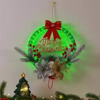 Рождественский венок для входной двери, красное золото, праздничная дверь, праздничные зеленые светодиодные фонари красный
