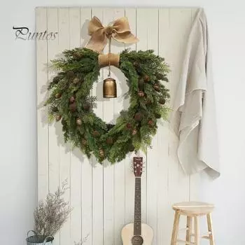 Рождественский венок для входной двери, подвесной венок ручной работы с бантом из мешковины и колокольчиком, искусственная зеленая сосновая гирлянда для торгового центра, дома, стены, окна зелёный