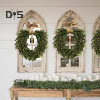 Рождественский венок для входной двери, подвесной венок ручной работы с бантом из мешковины и колокольчиком, искусственная зеленая сосновая гирлянда для торгового центра, дома, стены, окна зелёный