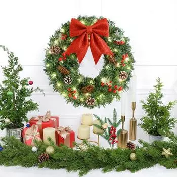 Рождественский венок, гирлянда на батарейках для входной двери, искусственное праздничное украшение с бантом из сосновых шишек и ягод для вечеринок в домашнем офисе, мероприятий D