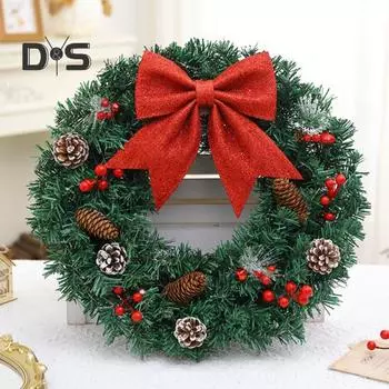 Рождественский венок, гирлянда на батарейках для входной двери, искусственное праздничное украшение с бантом из сосновых шишек и ягод для вечеринок в домашнем офисе, мероприятий D
