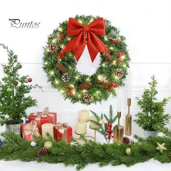 Рождественский венок, гирлянда на батарейках для входной двери, искусственное праздничное украшение с бантом из сосновых шишек и ягод для вечеринок в домашнем офисе, мероприятий D