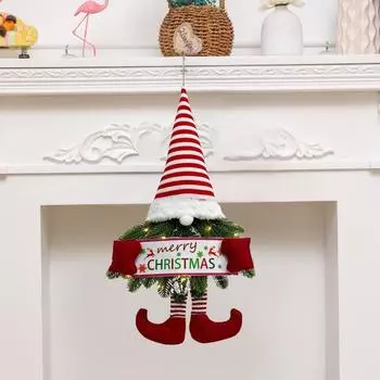 Рождественский венок Гном со светодиодными лампами Искусственный венок из сосновых иголок Подвесной карликовый орнамент спереди