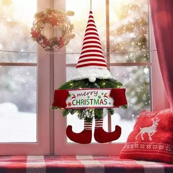 Рождественский венок Гном со светодиодными лампами Искусственный венок из сосновых иголок Подвесной карликовый орнамент спереди