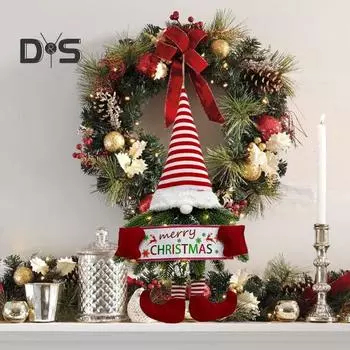 Рождественский венок, гном со светодиодными лампами, искусственный венок из сосновых иголок, подвесной карлик, украшение для входной двери, знак для украшения окна комнаты, крыльца красный