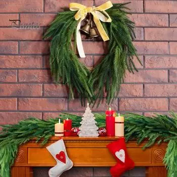 Рождественский венок из искусственной сосны, венок из зелени с колокольчиками и лентой, пластиковый венок из искусственной сосны для украшения стены, окна, каминной доски, внутреннего и наружного декора зелёный