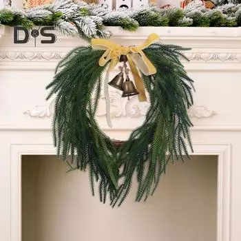 Рождественский венок из искусственной сосны, венок из зелени с колокольчиками и лентой, пластиковый венок из искусственной сосны для украшения стены, окна, каминной доски, внутреннего и наружного декора зелёный