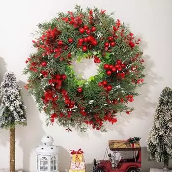 Рождественский венок из искусственных ягод, сосны, рождественская гирлянда для дома и улицы, украшение для входной двери, камина, спальни, балкона, столовой, вечеринки зелёный