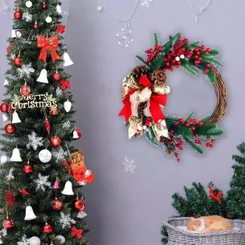Рождественский венок из искусственных шишек, красных ягод, лент, бантов, гирлянд для дома, декор для входной двери, окна, стены темно-зеленого
