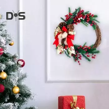 Рождественский венок из искусственных шишек, красных ягод, лент, бантов, гирлянд для дома, декор для входной двери, окна, стены темно-зеленого