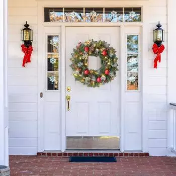 Рождественский венок из искусственных сосновых иголок с огнями Рождественский венок с искусственными ягодами из сосновых шишек для декора стен и дверей внутри и снаружи помещений 30cm