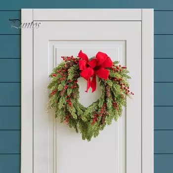 Рождественский венок из искусственных сосновых иголок с красными ягодами, шишками, подвесным украшением для входной двери, настенным декором для окон красный