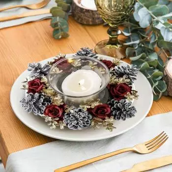 Рождественский венок из колец со свечами, искусственная шишка, роза, кольца со свечами, украшение стола ручной работы для свадебной вечеринки, рождественский декор на День благодарения красный