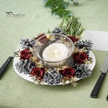 Рождественский венок из колец со свечами, искусственная шишка, роза, кольца со свечами, украшение стола ручной работы для свадебной вечеринки, рождественский декор на День благодарения красный