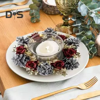 Рождественский венок из колец со свечами, искусственная шишка, роза, кольца со свечами, украшение стола ручной работы для свадебной вечеринки, рождественский декор на День благодарения красный