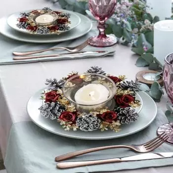 Рождественский венок из колец со свечами, искусственная шишка, роза, свечи, кольца, украшение стола ручной работы