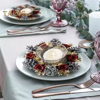 Рождественский венок из колец со свечами, искусственная шишка, роза, кольца со свечами, украшение стола ручной работы для свадебной вечеринки, рождественский декор на День благодарения красный