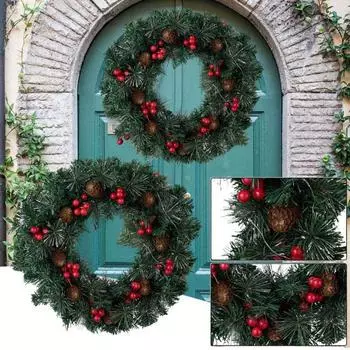 Рождественский венок из сосновых иголок, шишек, с красными ягодами, многоразовый сезонный праздничный венок