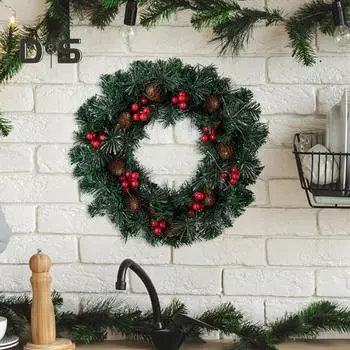 Рождественский венок из сосновых иголок, венок из шишек с красными ягодами, многоразовый сезонный праздничный венок для украшения каминной полки входной двери B